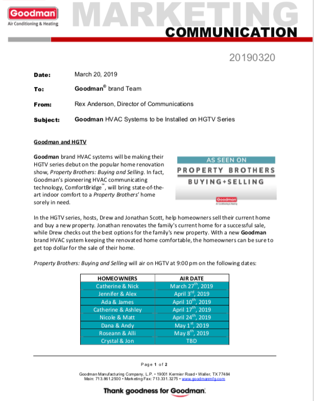 Goodman HVAC Systems to be installed on HGTV Series